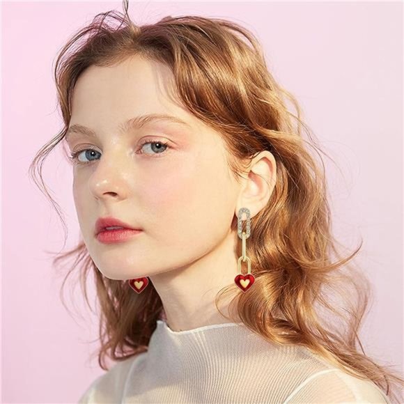 Gold Linked Red Heart Dangle Earrings for Women Girls - Picture 6 of 7
